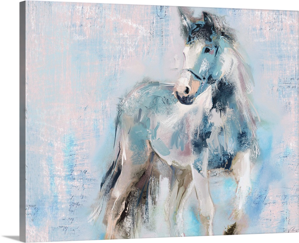 A large painting of a horse done in blue, white and pink hues with a glimpse of small handwritten lettering showing throug...