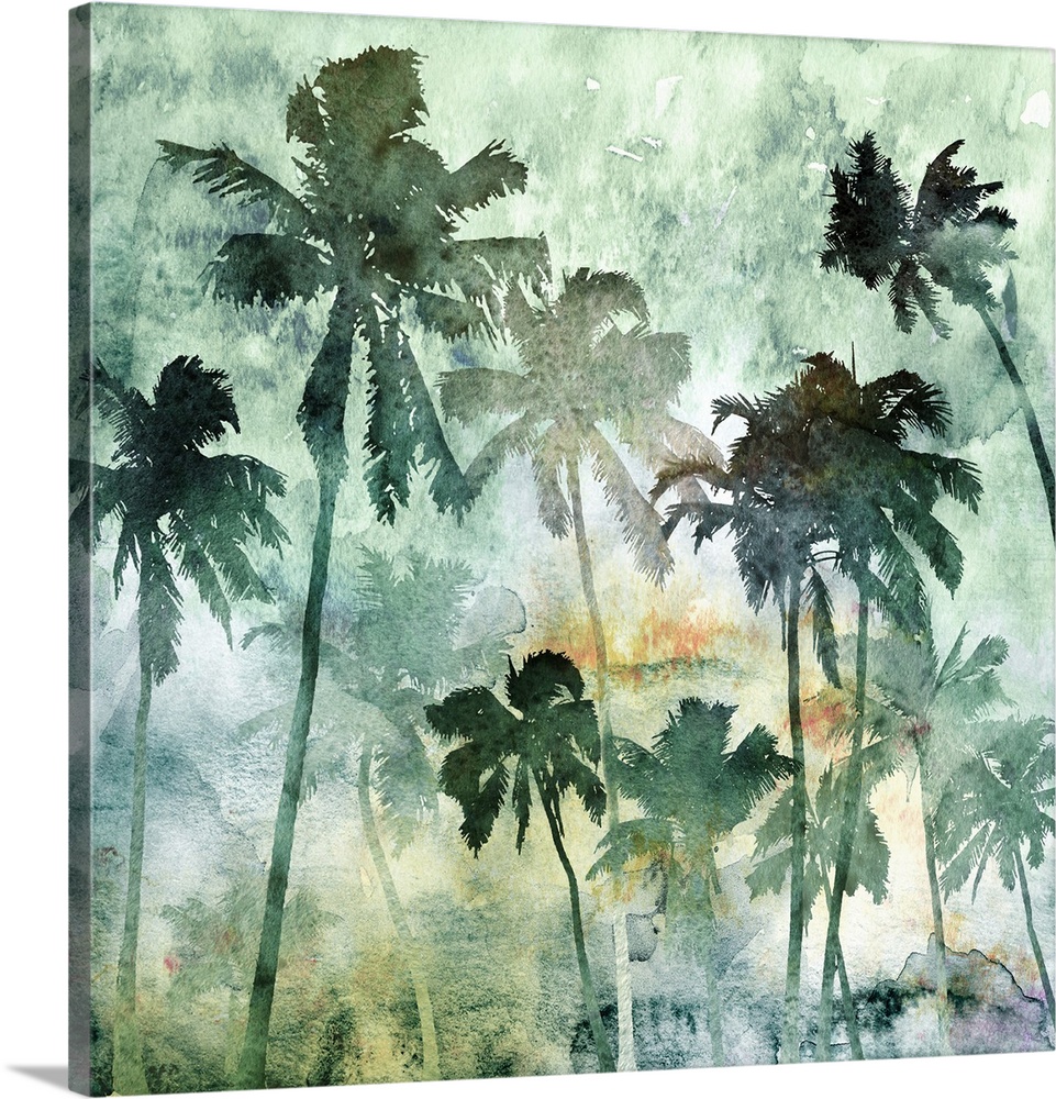 A square watercolor painting of a group of palm trees in shades of green.