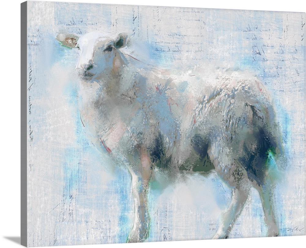 A large painting of a sheep done in blue, white and pink hues with a glimpse of small handwritten lettering showing throug...