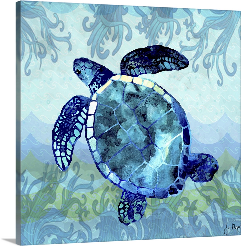 Watercolor sea turtle in shades of blue.