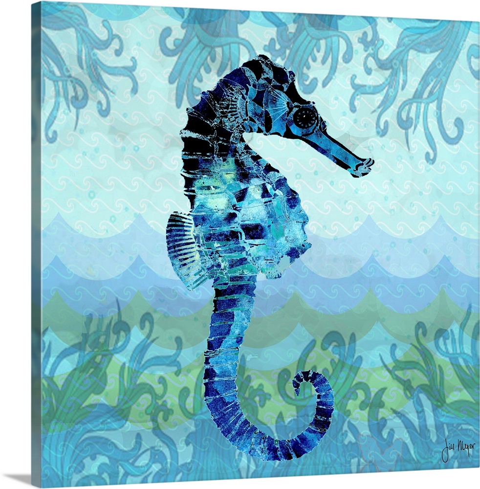 A blue watercolor seahorse.