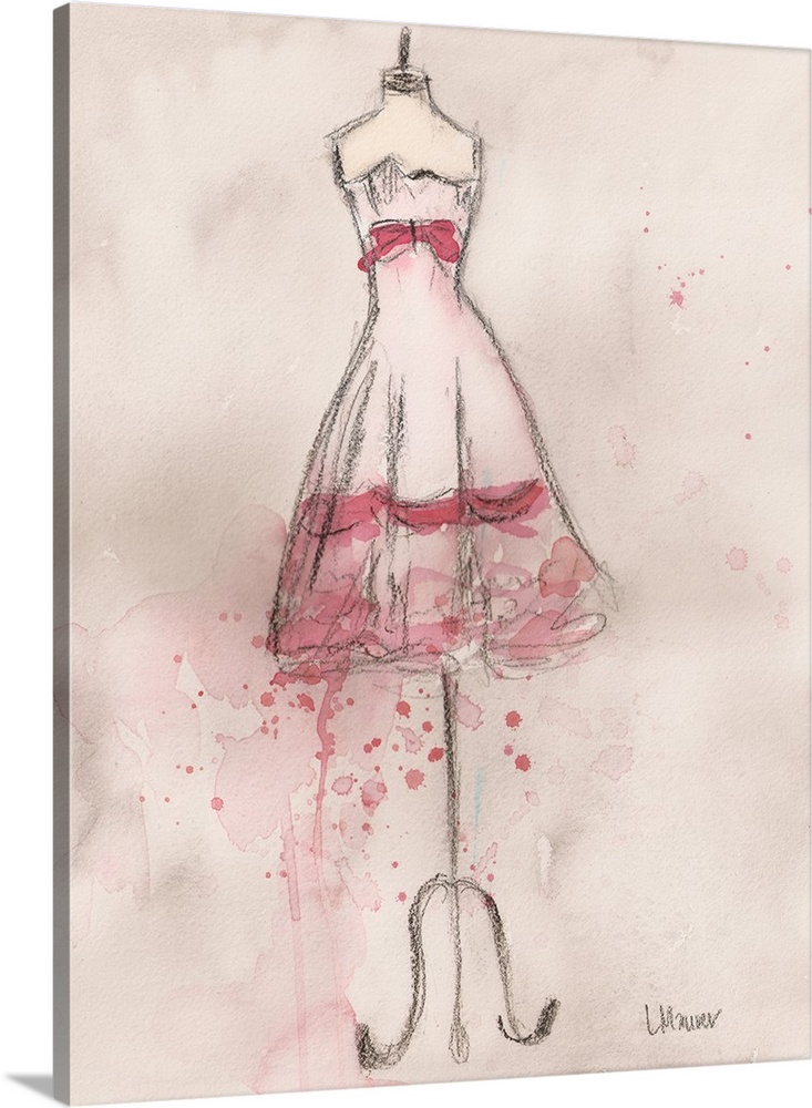 Watercolor painting of a white and pink dress on a dress form.