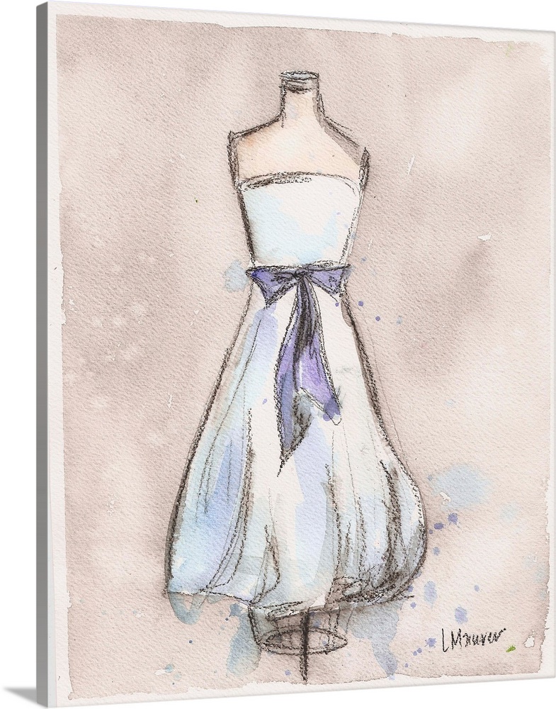 Watercolor painting of a white dress on a dress form.