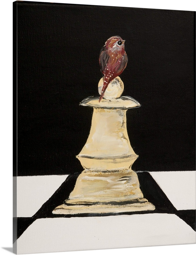 Painting of a small bird perched on a chess pawn.