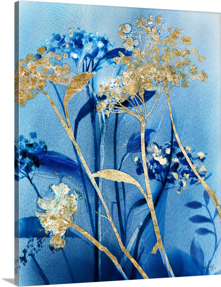 A vertical artistic image of layered wild flowers in blue and metallic gold on fine lined brushed blue.
