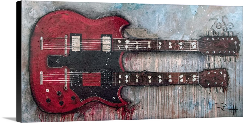 Painting of a red double-necked electric guitar on an abstract background.