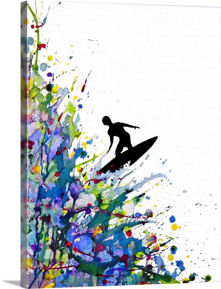 Watercolor and ink painting of a silhouetted man on a surfboard on a wave of paint splatters.