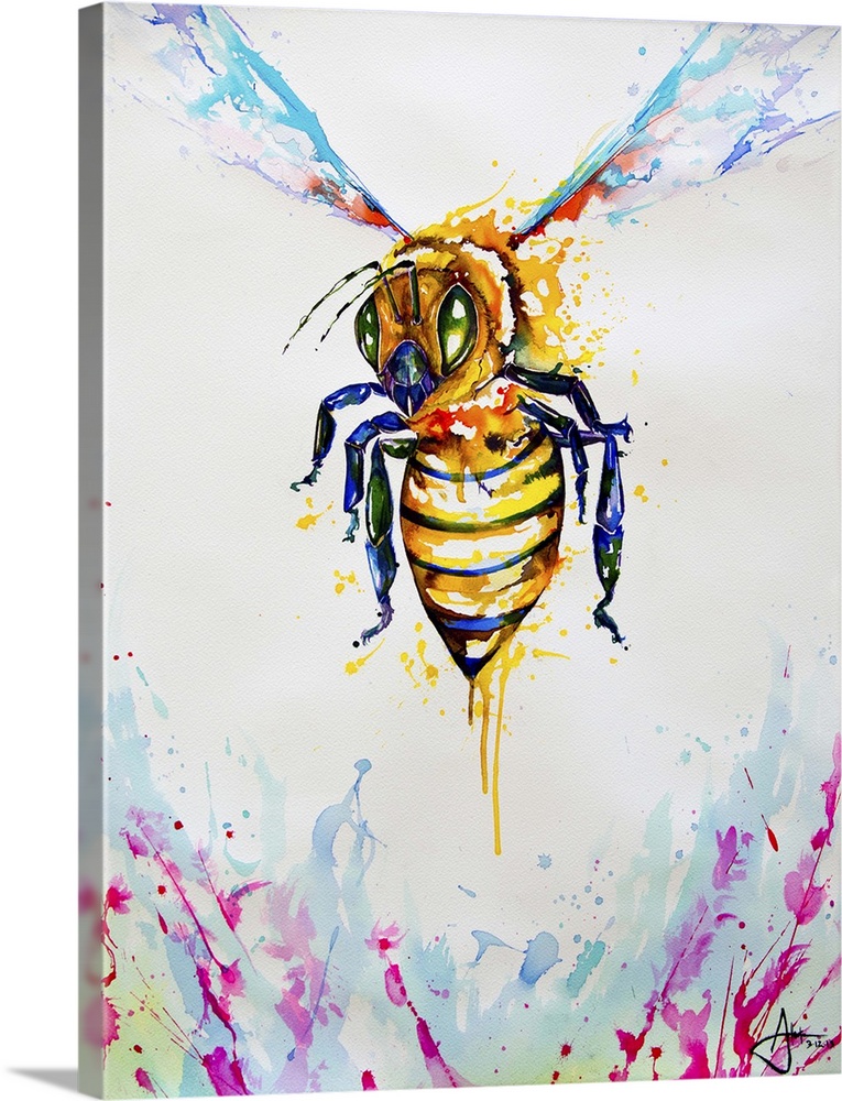 Watercolor and ink painting of a bee in flight with its stinger ready.