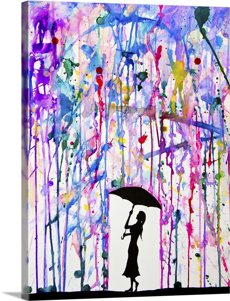 Watercolor and ink painting of a silhouetted woman with an umbrella under colorful rain.