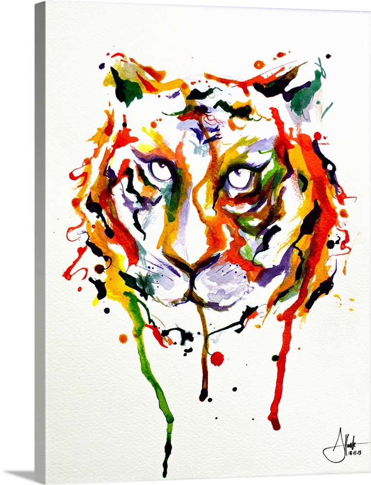 Watercolor and ink painting of the face of a tiger with a piercing gaze.