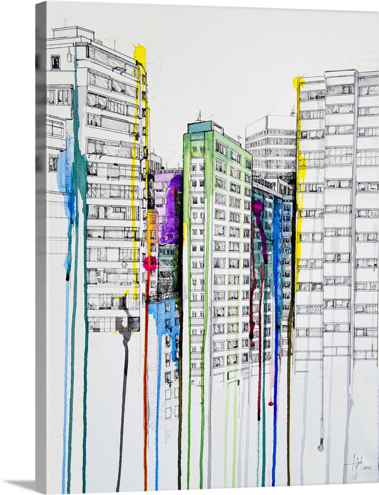 Watercolor and ink painting of several tall buildings in a city with small splashes of color.