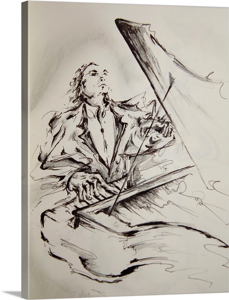Ink painting of a man in a tuxedo playing a grand piano.