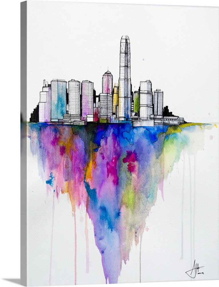 Watercolor and ink painting of a city skyline with a colorful shadow.