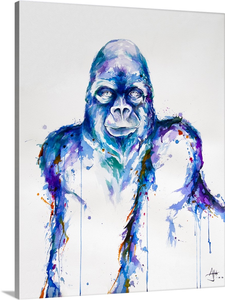 Watercolor and ink painting of a gorilla made of blue paint splashes.