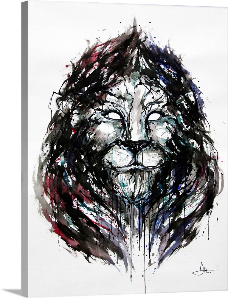 Watercolor and ink painting of a lion's face with a large mane.