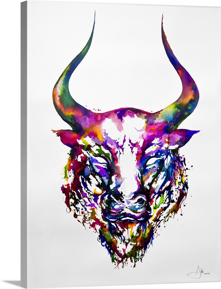 Watercolor and ink painting of the head of a bull with large horns.