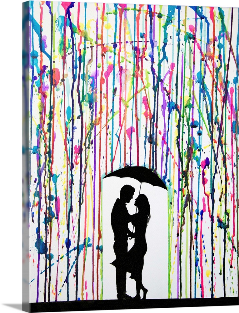 Watercolor and ink painting of a couple standing under an umbrella under colorful rain.