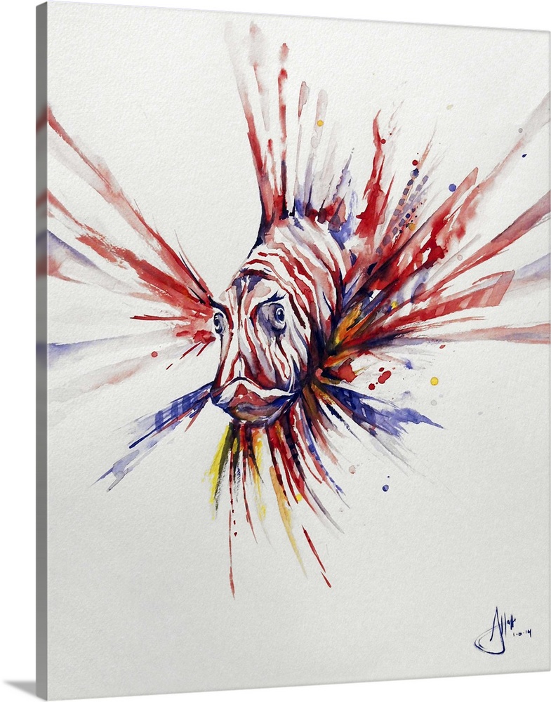 Watercolor and ink painting of a striped  lionfish with large, pointed fins.