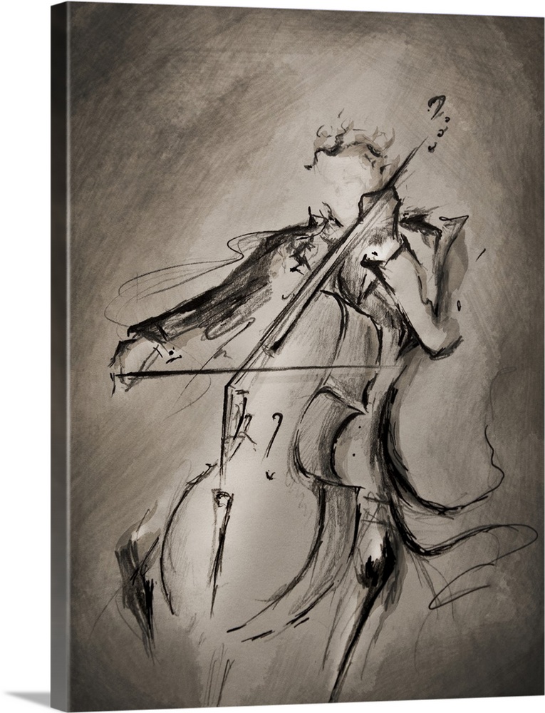 Ink painting of a man in a tuxedo playing the cello.