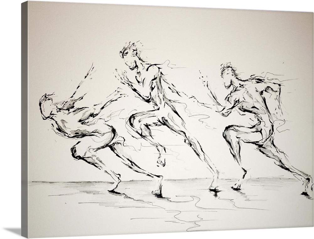 Ink painting of three runners at the beginning of a race, each in a different position.