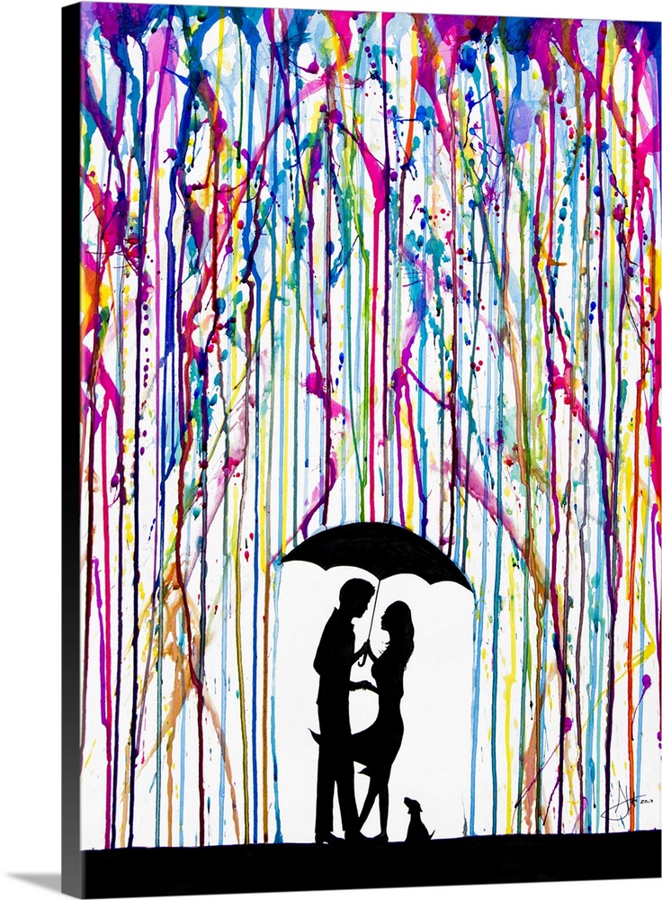 Watercolor and ink painting of a couple and a dog under an umbrella under colorful rain.