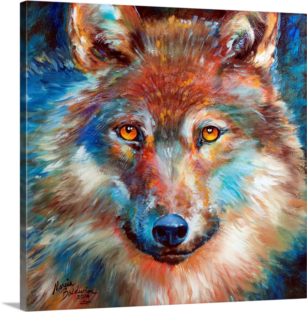 Square painting of a colorful wolf made with intricate brushstrokes.