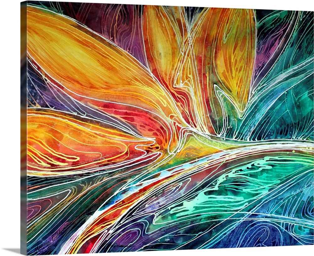 Contemporary painting with an abstract design and batik style in blue, green, purple, orange, yellow, and red hues.