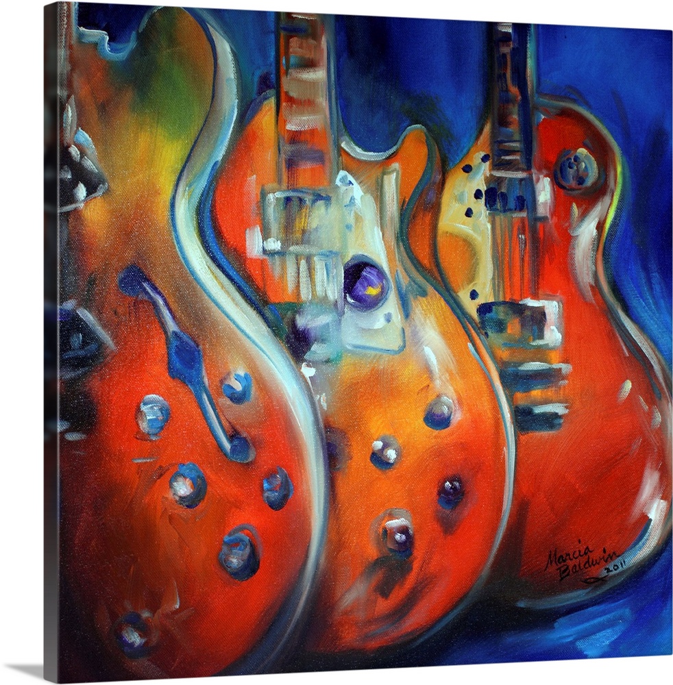 Square painting in red, blue, yellow, orange, and green hues of three guitars standing up in a row.