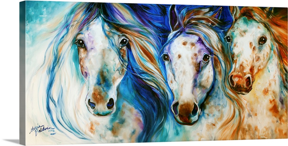 Panoramic painting of three Appaloosa horses with playful hues and beautifully flowing manes.