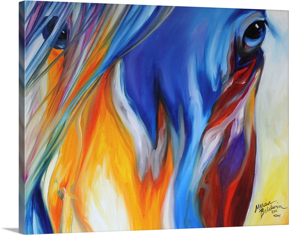 Close-up abstract painting of a colorful horse face with bright blue eyes.