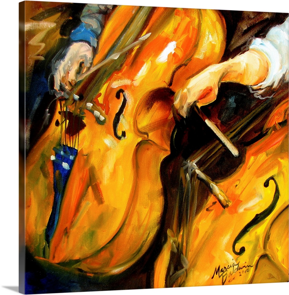 Contemporary square painting of cellos in concert.