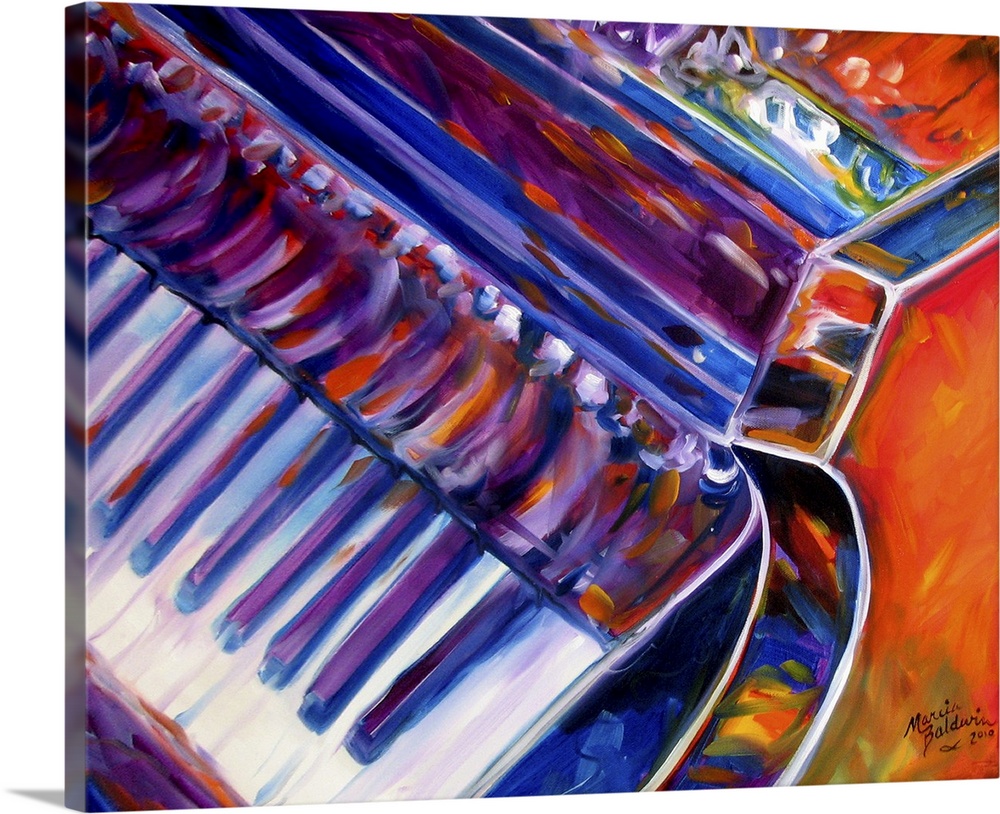 Square abstract painting of the grand piano created with blue, purple, orange, and red hues.