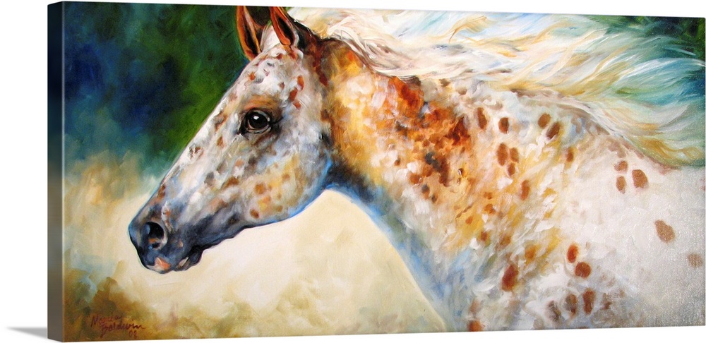 Contemporary painting of an Appaloosa  horse with white and brown markings on a colorful background made up of blue, green...