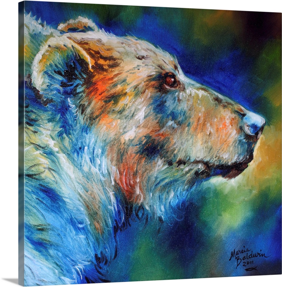 Contemporary painting of a grizzly bear made with blue, orange, yellow, brown, and green hues on a square canvas.