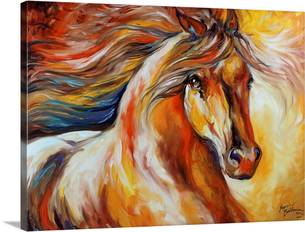 Contemporary painting of a horse in action with a flowing mane.