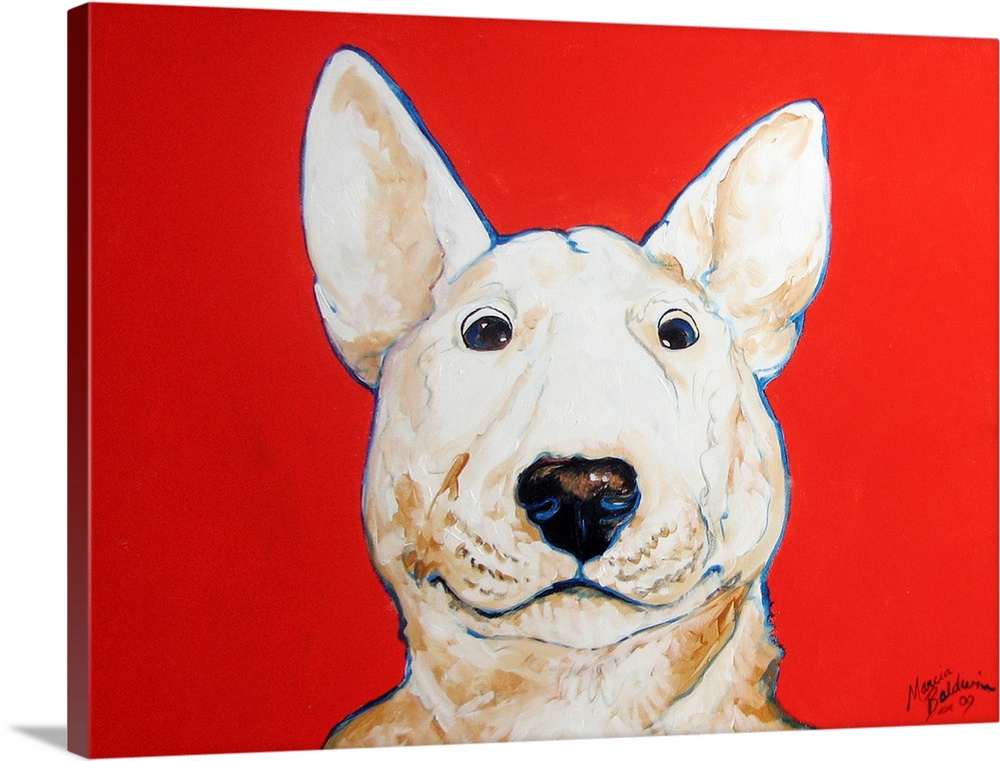 Painting of a white bull terrier with a blue outline on a bright red background.