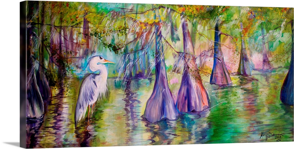 Painting of the Great Blue Heron among the bald cypress trees in the bayous of Louisiana.