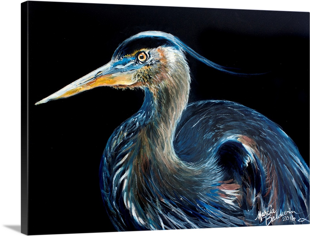 Contemporary painting of a Blue Heron on a solid black background.