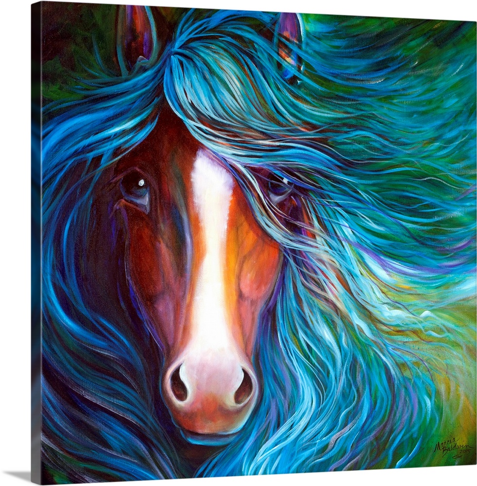 An equine abstract of a bay horse with white blaze and flowing mane in blue.