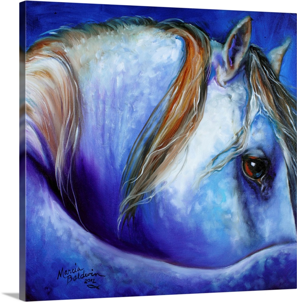 Square painting of a curled horse in cool tones.