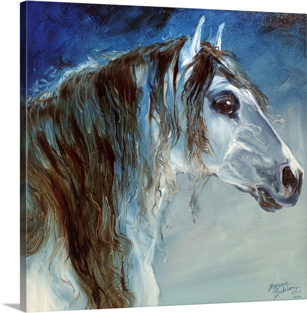 Square painting of a horse created in cool tones.