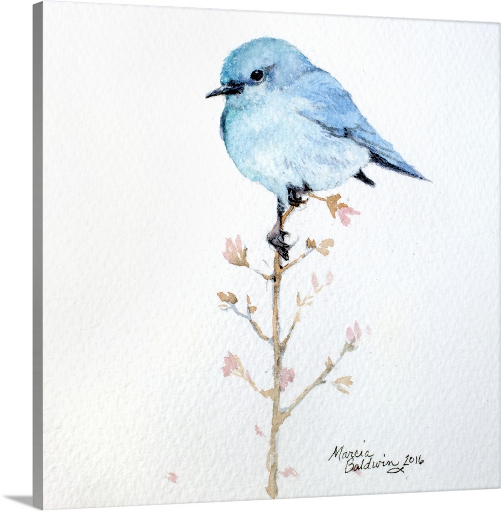 Watercolor painting of a bluebird perched on a branch with small pink flowers.