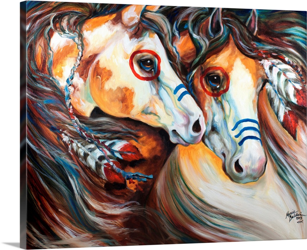 Contemporary painting of two Indian War Horses with blue and red body paint and feathers in their manes.