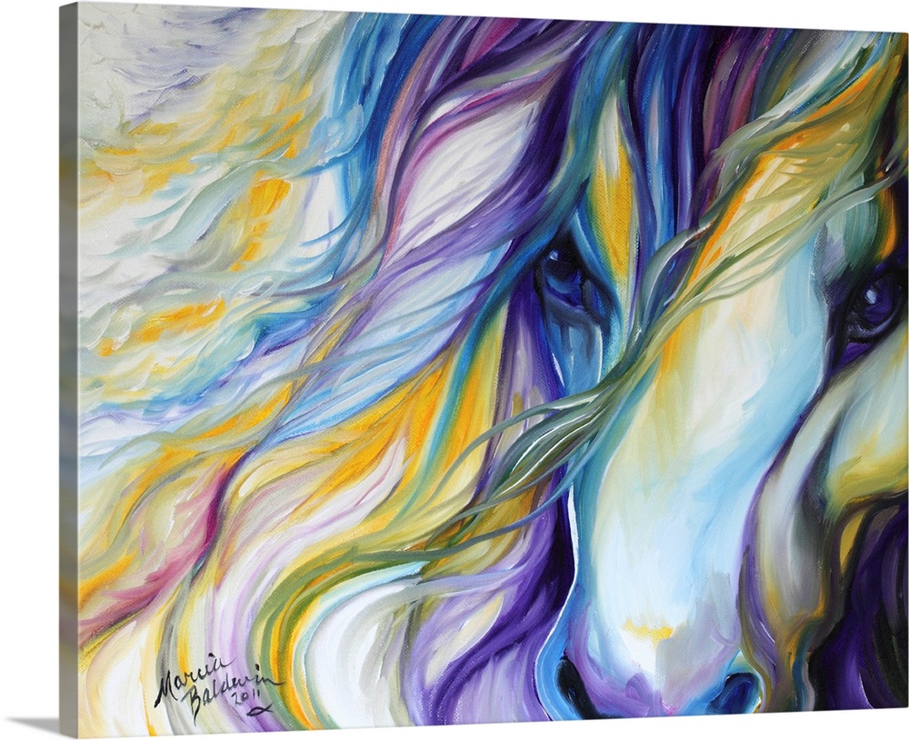 Purple, yellow, blue, and white abstract painting of a horse close-up.