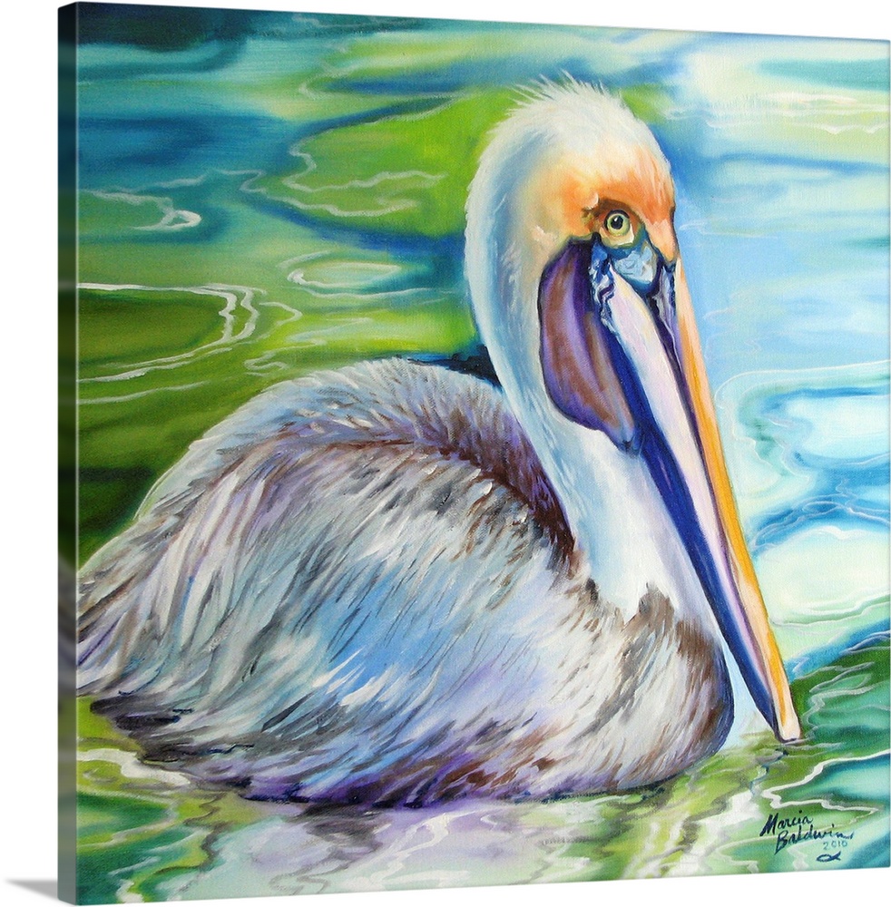 Square painting of the brown pelican, such a wonderfully exotic wild bird in Louisiana, is depicted in this art.