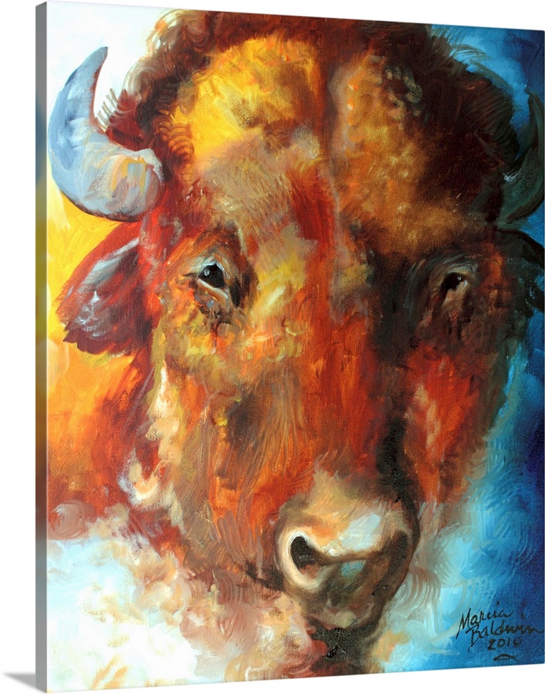Vertical painting of a buffalo's face with an abstract blue, yellow, and orange background, inspired from a trip to Yellow...