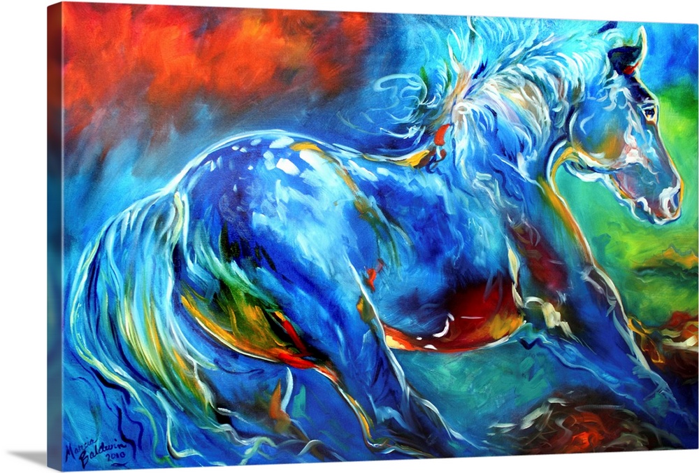 Abstract painting of a blue wild stallion with red, yellow, and green hues mixed in.
