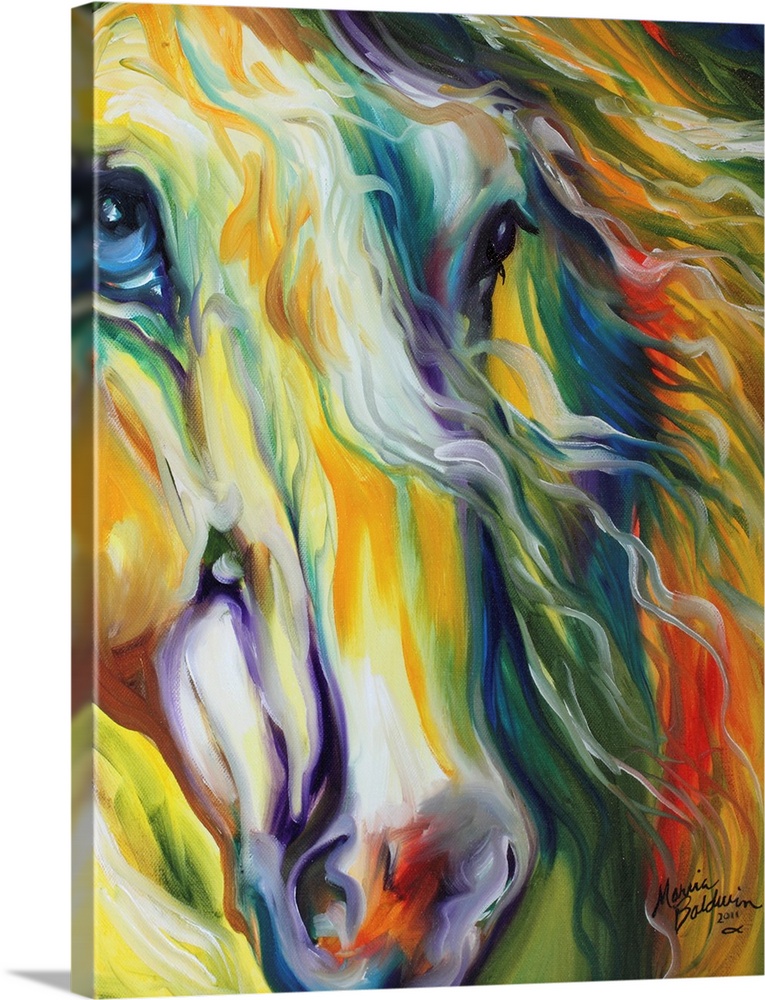 Colorful abstract equine painting with close-up detail of a face.