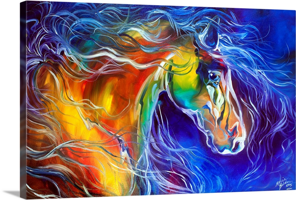 Abstract painting of a horse is vibrant colors with a blue and purple background.