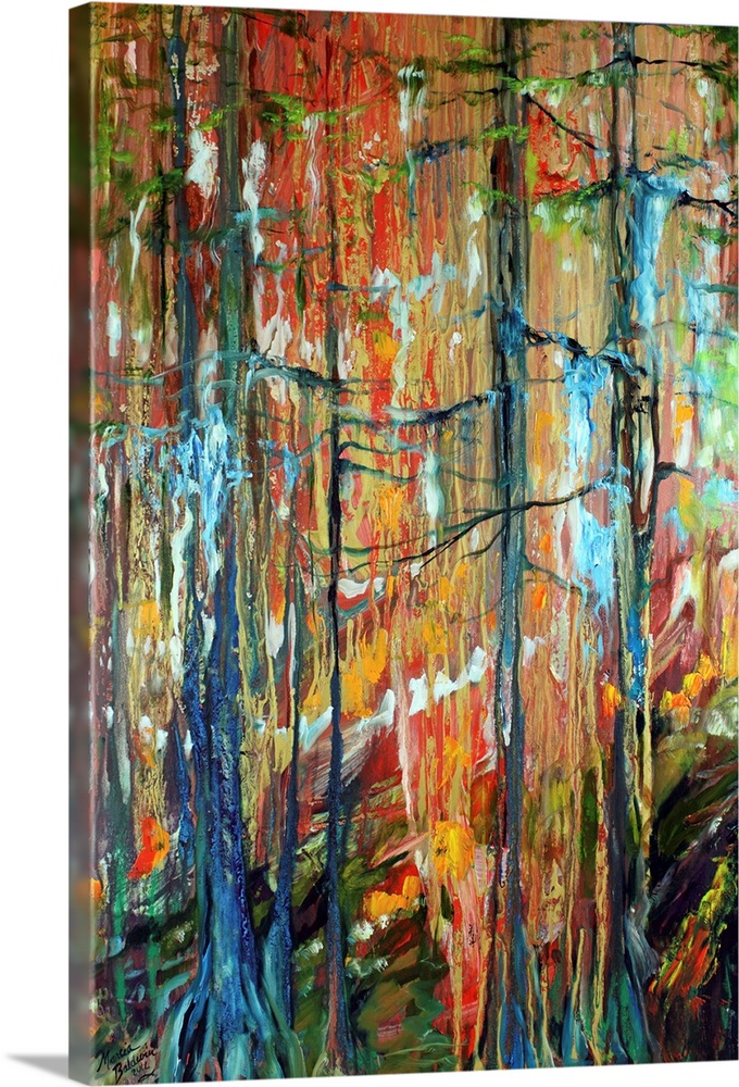 An abstract painting of the swampy wooded cypress bayous of Louisiana with vibrant colors.